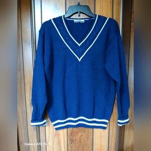 Superga Sportswear Vintage Navy Blue V-Neck Sweater with White Trim